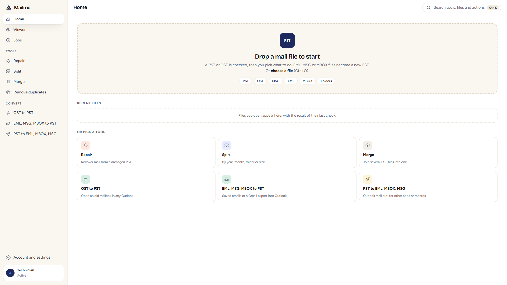 The Mailtria app: drop a mail file to start, or pick one of seven tools