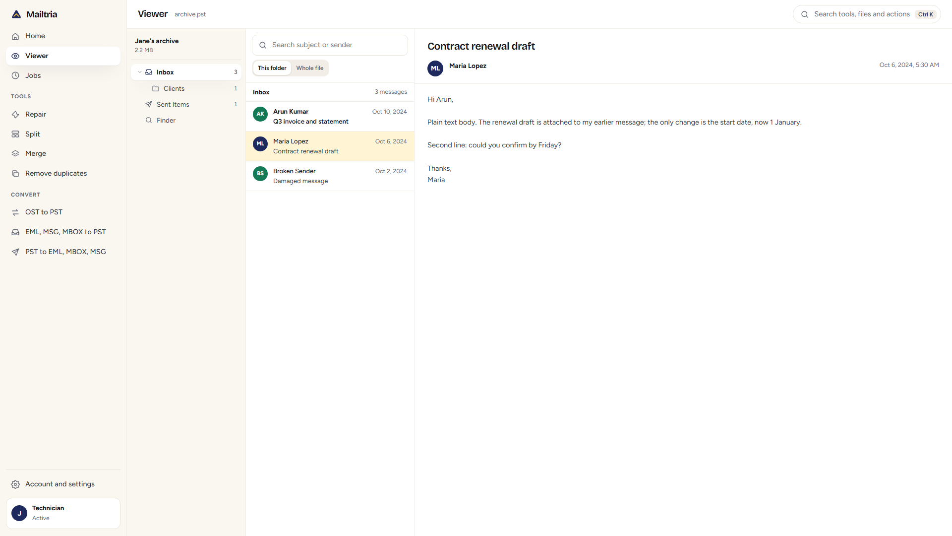 The Viewer: folders, a message list and the reading pane